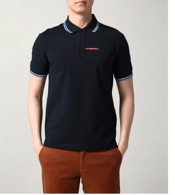 ⁦פראדה-PRADA TSHIRT POLO SHORT MEN - Black & White Blue Border⁩ – תמונה ⁦5⁩