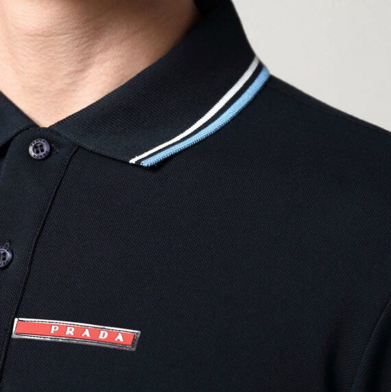 ⁦פראדה-PRADA TSHIRT POLO SHORT MEN - Black & White Blue Border⁩ – תמונה ⁦4⁩